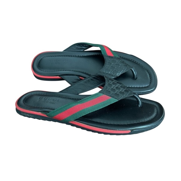 Gucci Mens Black Sandals with Red and Green Accents size 8 - Picture 1 of 5